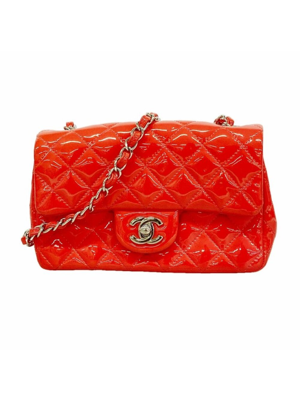 Chanel Shoulder Bag Quilted Patent Leather Red Silver